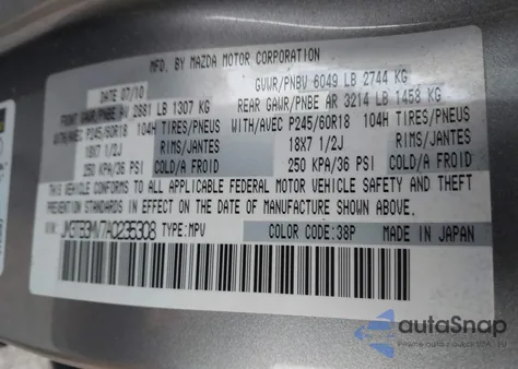 2010 Mazda Cx-9 Touring from USA, damaged, VIN JM3TB3MV7A0235308